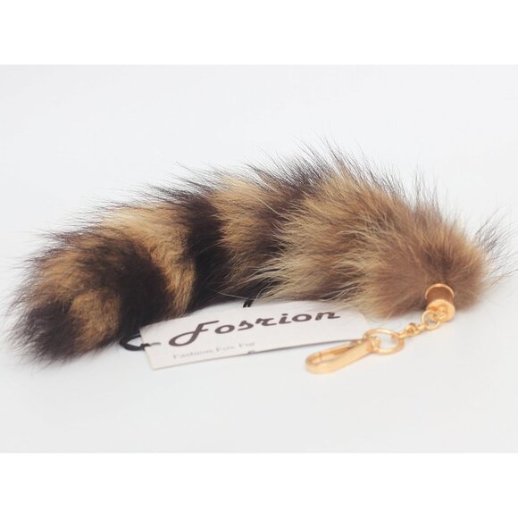 ⚡2 pcs 25cm length Authentic America Raccoon Tail Fur Handbag Chain Ring Hook - Picture 8 of 9